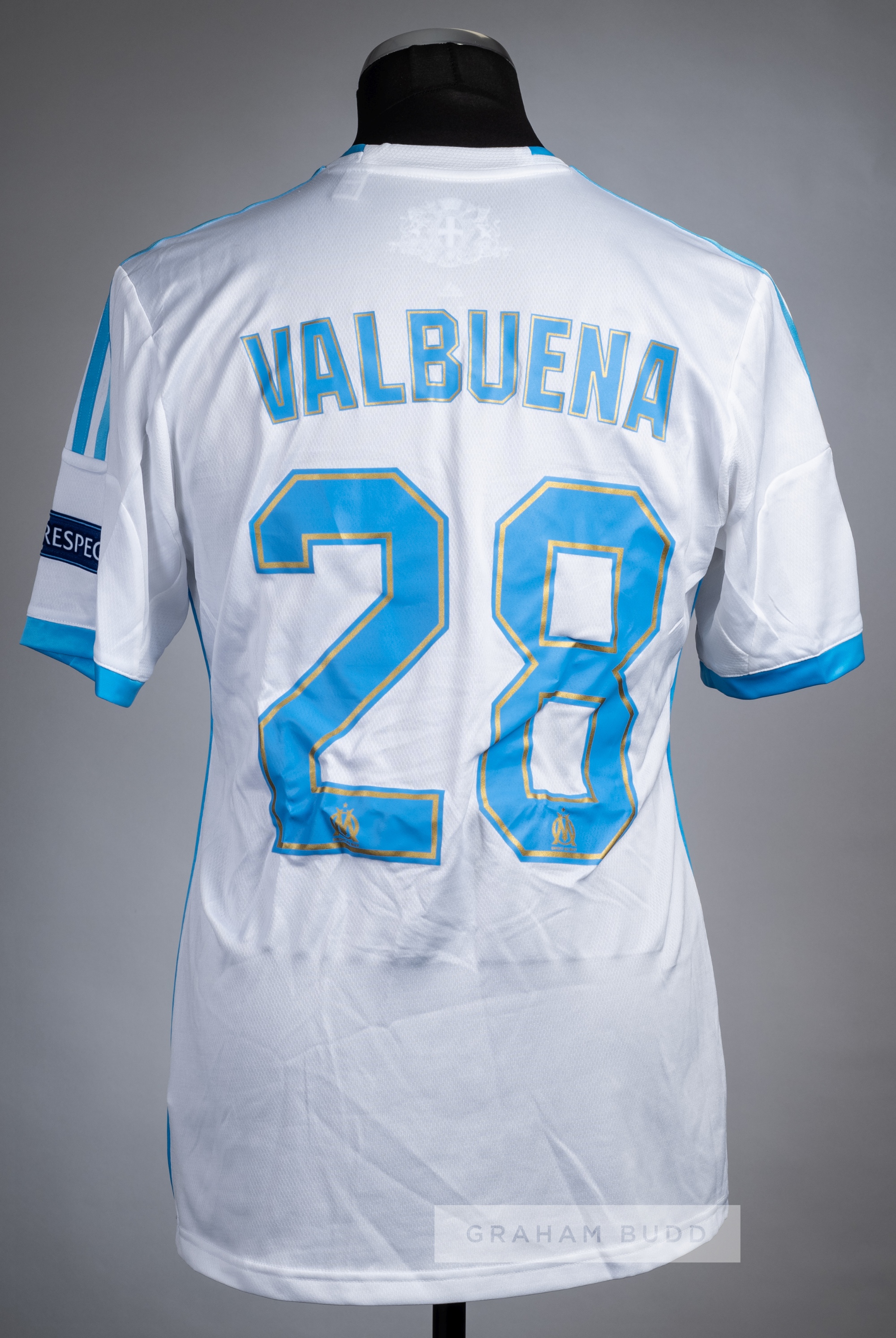 Mathieu Valbuena white Olympique de Marseille UEFA champions league no.28 jersey v Arsenal, played - Image 2 of 2