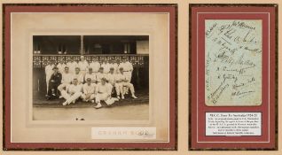 Display of M.C.C. team photograph and autographs for the Tour to Australia in 1924-25,  b & w