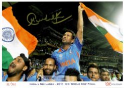 Sachin Tendulkar hand signed 8 by 12in. India Word Cup Champions (2011) photo in display folder,