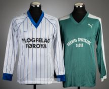 Two Faroe Islands football jersey's, comprising white and blue pin stripe no.9 long-sleeved
