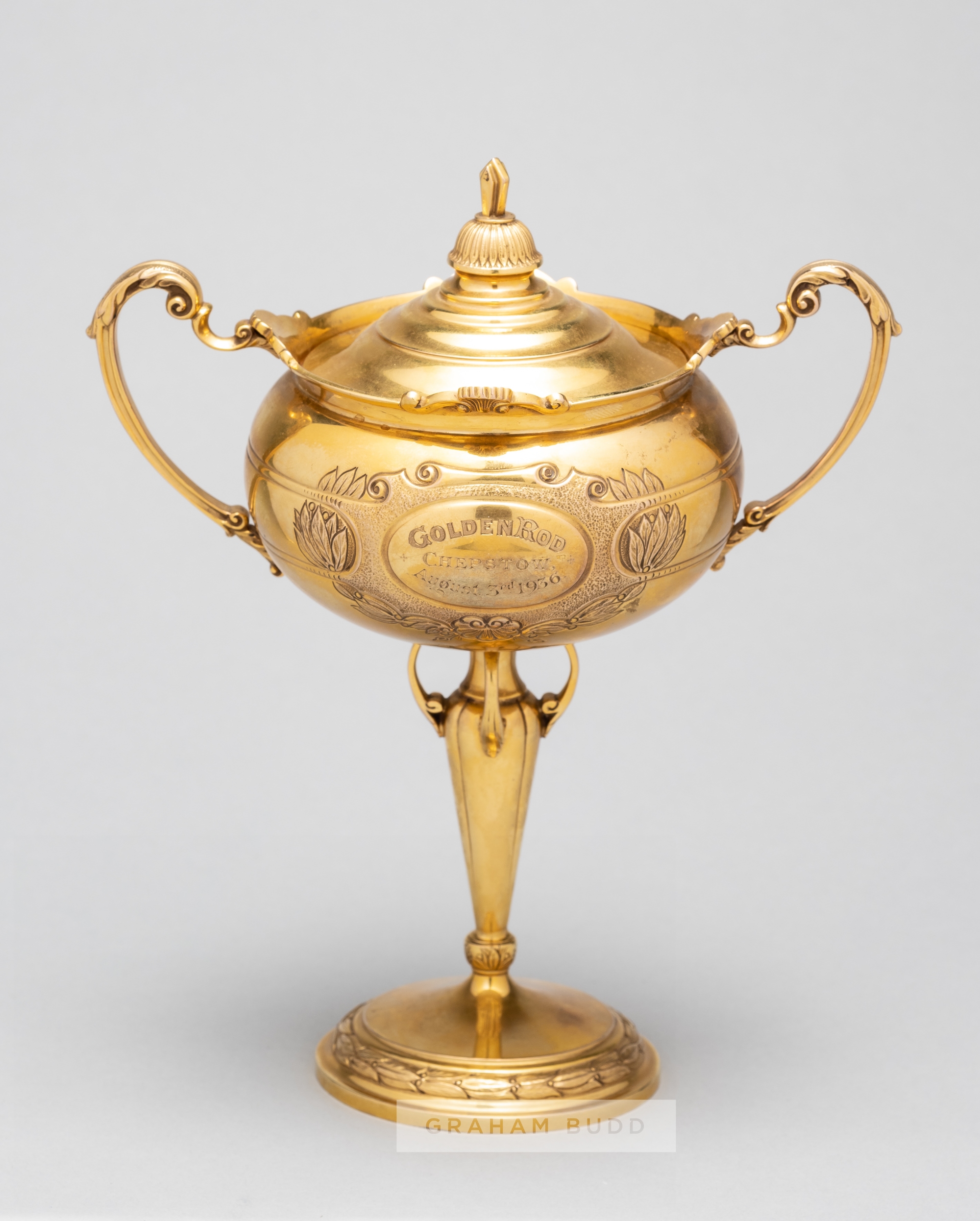 Gold horse racing trophy for the 1936 Chepstow Summer Cup, a 9ct. gold twin handled cup and cover by