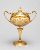 Gold horse racing trophy for the 1936 Chepstow Summer Cup, a 9ct. gold twin handled cup and cover by