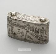 Football themed trick opening vesta case, 1900s, the white metal squat rectangular vesta case with