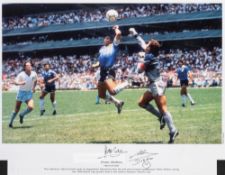 Peter Shilton and Diego Maradona signed 1986 World Cup "Hand of God" photographic print, coloured