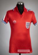 Red England No.10 away jersey, circa 1980, Admiral, short-sleeved, with embroidered three lion