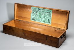 Early lawn tennis set pine box, circa 1879, with green litho on the underside of the hinged lid,