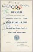 London 1948 Olympic Games signed British Cycling Team dinner menu, held at Cora Hotel, 13th August