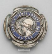 London 1908 Olympic Games Judge's badge, silvered bronze and blue enamel with central head of Anthea