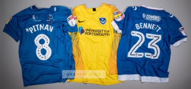 Three signed Portsmouth FC jerseys, comprising Alex Bass signed yellow and orange no.35 goalkeeper's