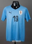 Sebastian Coates signed blue and navy Uruguay No.19 home jersey, season 2018, Puma, short-sleeved