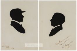 Australian cricketers Don Bradman and Bert Oldfield signed portrait silhouettes,  the first
