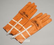 Barry Sheene signed vintage racing gloves, British Made, orange leather gloves featuring two white