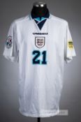 Robbie Fowler white England No.21 Euro '96 jersey, tournament issued, Umbro, short-sleeved with FAIR