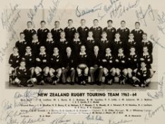 Signed New Zealand rugby touring team b&w photograph from the Britain, Ireland, France & North