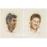 Two David Stallard watercolours of former England cricket captains Mike Brearley and Ian Botham,