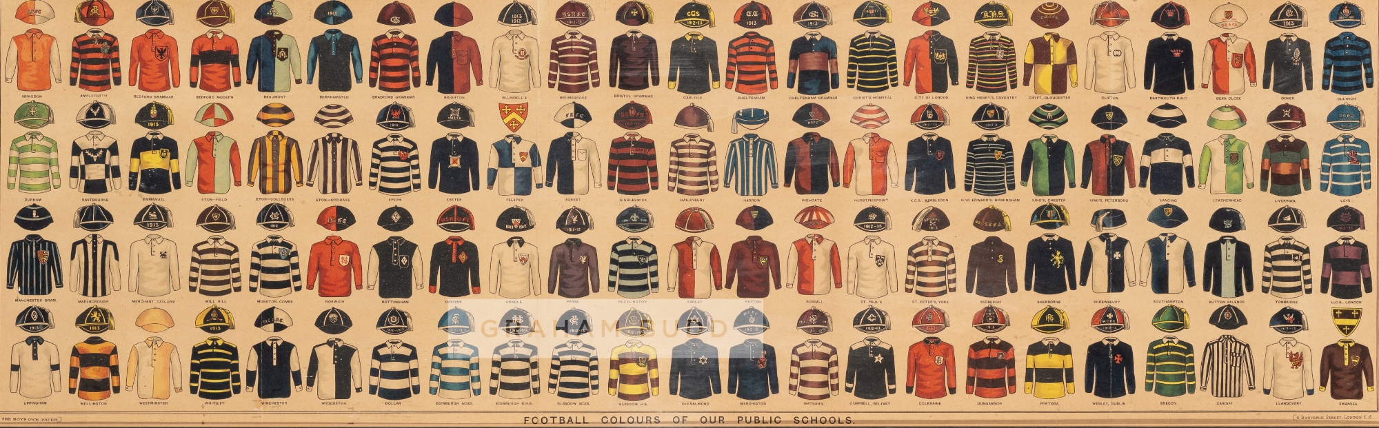 The Boy's Own Paper "Football Colours of our Public Schools", circa 1914 the coloured lithograph