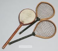 Pair of play racquets, circa 1880, 48 by 20cm; sold together with a rare battledore, warranted