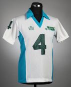 Alan Hudson white and light blue Seattle Sounders no.4 home jersey, NASL season 1980-82, Admiral,