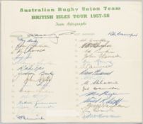 RUGBY UNION - AUSTRALIA TO BRITISH ISLES 1957-58 RUGBY UNION OFFICIAL AUTOGRAPH TEAM SHEET Between