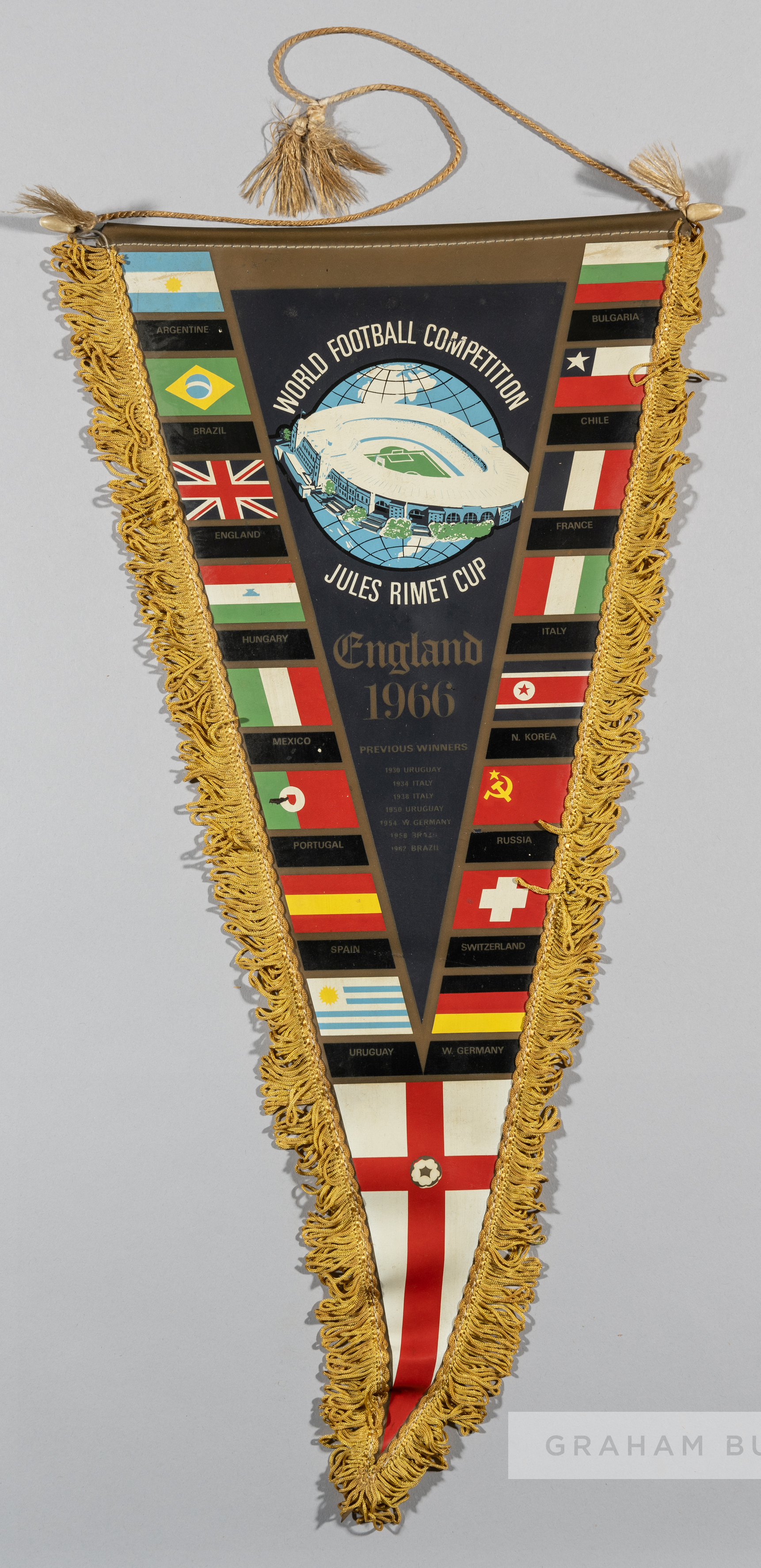 Large England 1966 World Cup pennant, the triangular pennant with gilt tassel edge, printed with