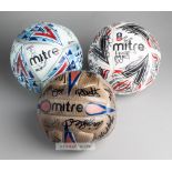 Three Portsmouth squad signed Mitre matchday footballs, comprising bluish white, blue, red and black