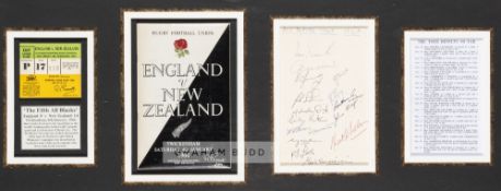 England v New Zealand rugby programme with match ticket and autographed page, played at