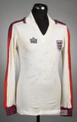 Team signed Emlyn Hughes white England no.6 home jersey, circa 1978, Admiral, long-sleeved with