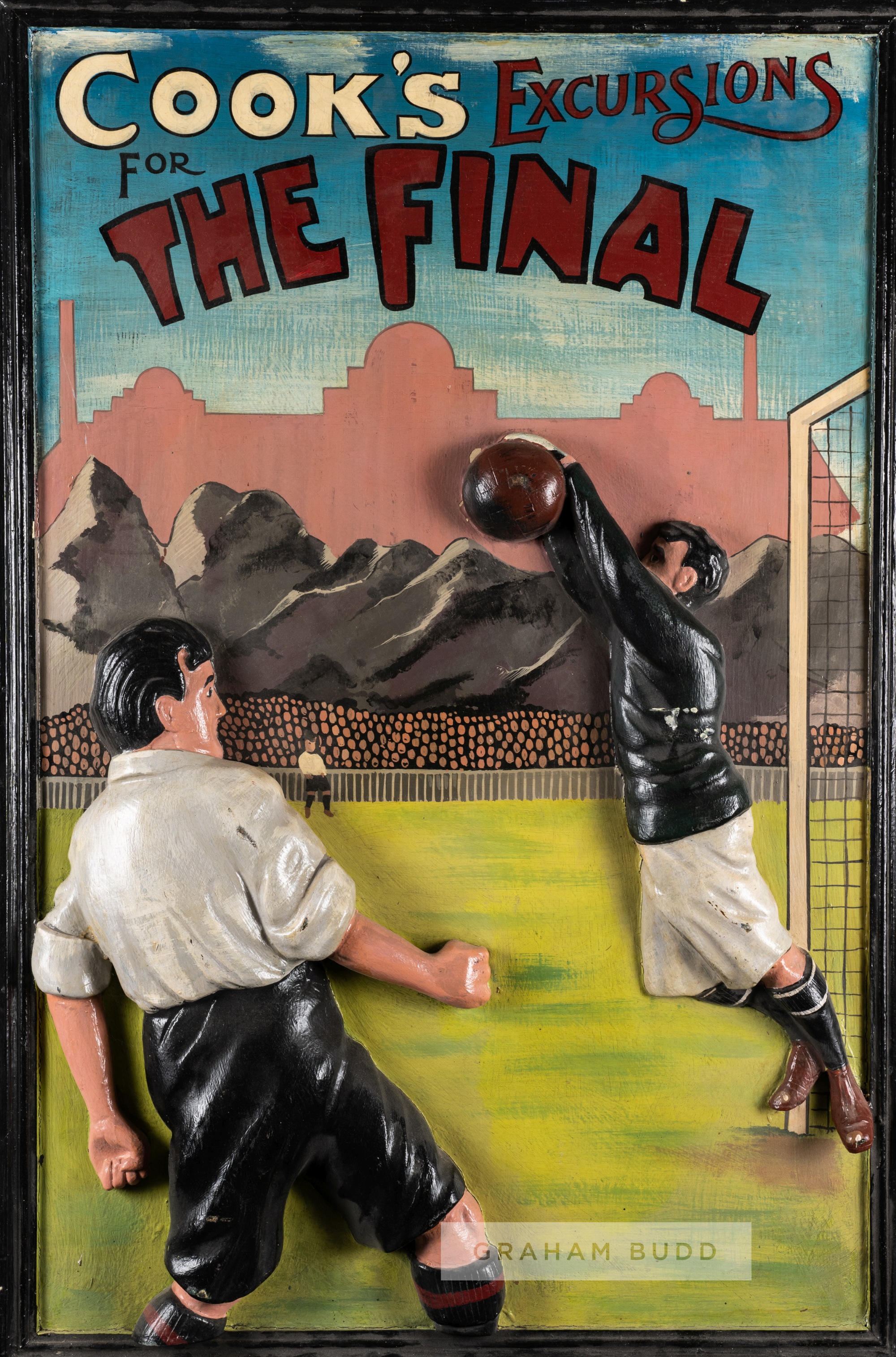 Large painted wooden football travel advertisement for the "Cook's Excursions for The Final",