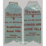 Two Sunderland stewards' silk badges,  comprising v Aston Villa 28th January 1933 for E.C. tie