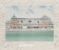 Signed "The Lord's Pavilion Test Cricketers" print, signed in pencil by approximately 70 test