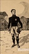 A pen and ink drawing of a European rugby player, circa 1920s, depicting the rugby player in match