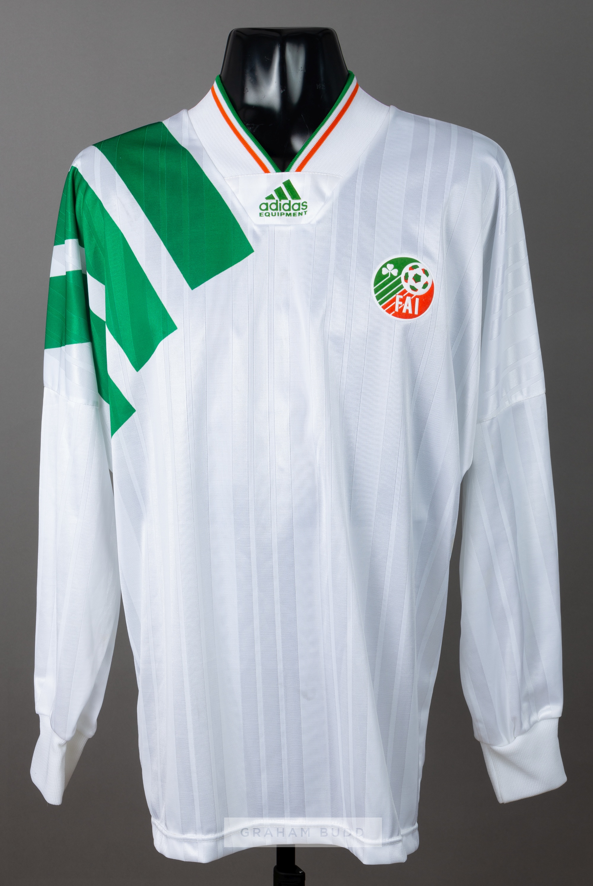 White Republic of Ireland No.22 change jersey, circa 1993, Adidas, long-sleeved with three green