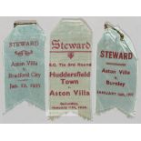 Three Aston Villa stewards' silk badges,  comprising v Bradford City, 12th January 1935; v