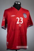 Kieran Dyer signed red England no.23 jersey v Nigeria, Osaka Japan, 12th June 2002, Umbro, short-