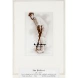 CRICKET Don Bradman signed photographic presentation, b & w 16 by 10cm. photograph portraying