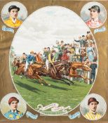 Three colour Victorian racing prints,  the first titled "Tattenham Corner" and vignettes of the