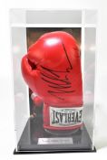 Iron Mike Tyson signed red 16oz Everlast boxing glove, mounted within perspex display case that
