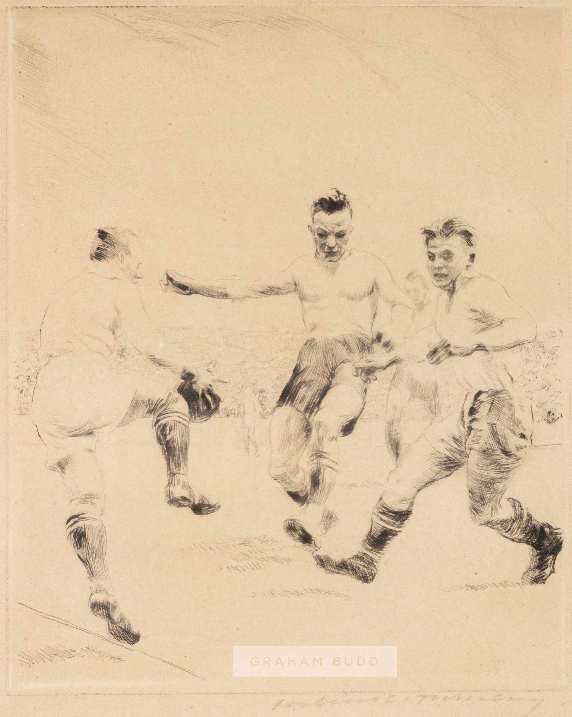 German School "Muddied Oafs" football etching, circa 1925, depicting footballers going for goal with