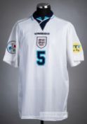 Tony Adams white England No.5 Euro '96 jersey, tournament issued, Umbro, short-sleeved with FAIR