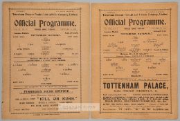 Two Tottenham Hotspur wartime match programmes v Fulham,  comprising v Fulham 16th October 1915