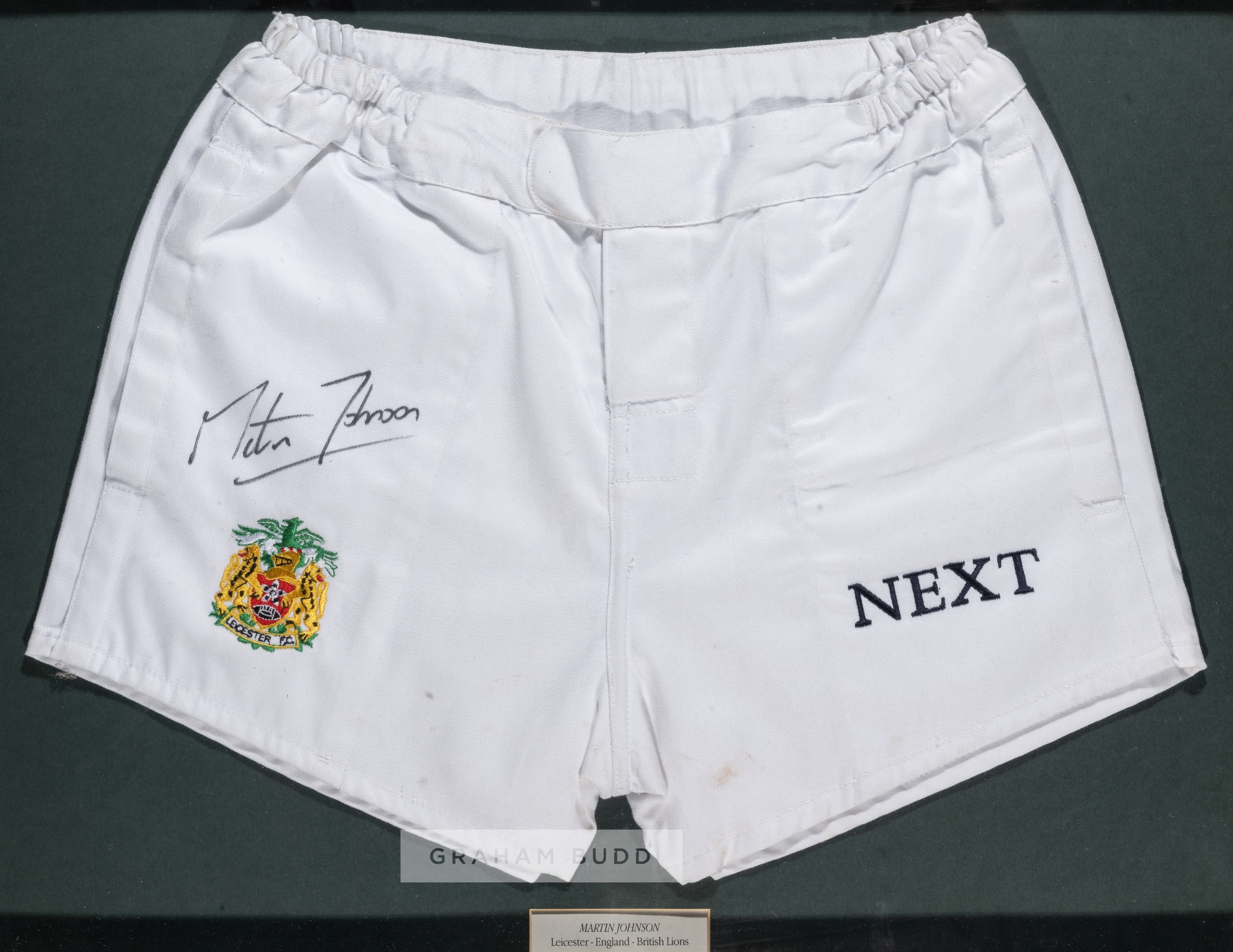 Martin Johnson signed Leicester Tigers white rugby shorts, the white shorts embroidered with