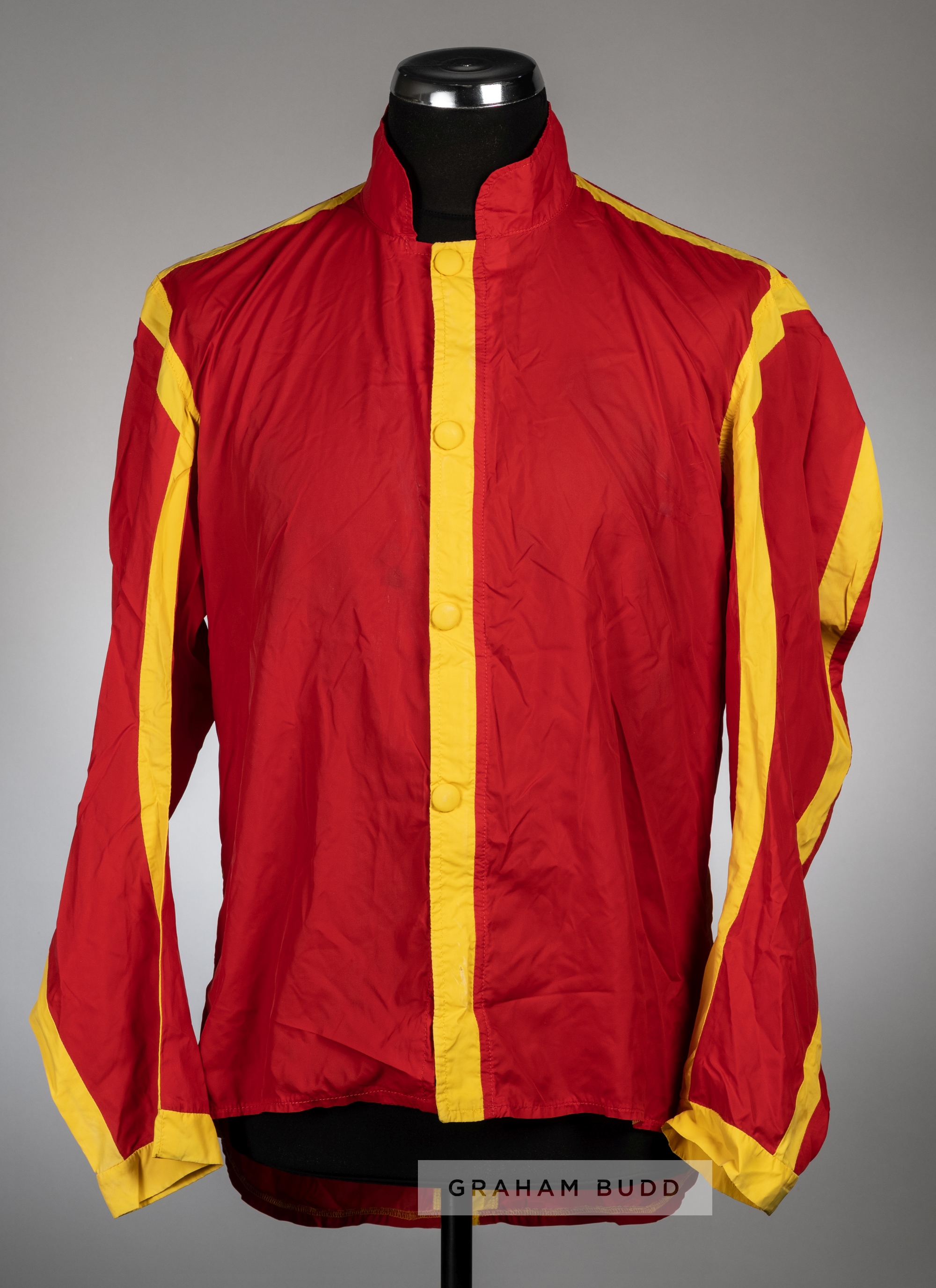 Richard Johnson winning jockey silks, red with yellow seamed jacket bearing ALLERTON & CO makers