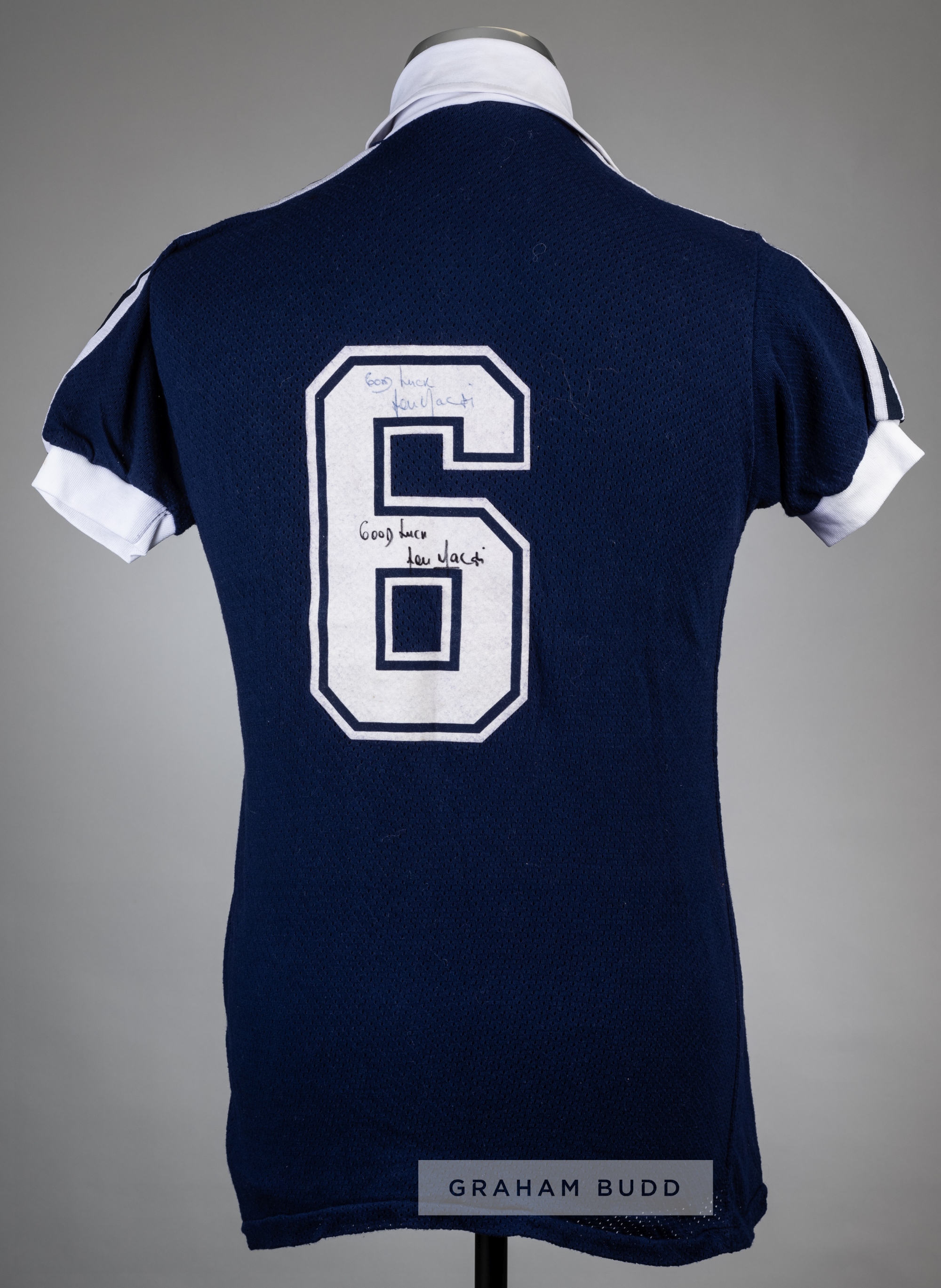 Lou Macari signed blue Scotland No.6 jersey, circa 1970s, Umbro, short-sleeved with embroidered - Image 2 of 2