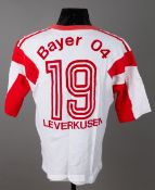 White and red TSV Bayer 04 Leverkusen Bundesliga no.19 jersey, season 1989-90, Adidas, short-sleeved