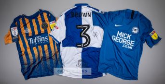 Three Skybet League One players' jerseys, comprising Lee Brown signed white and blue Bristol