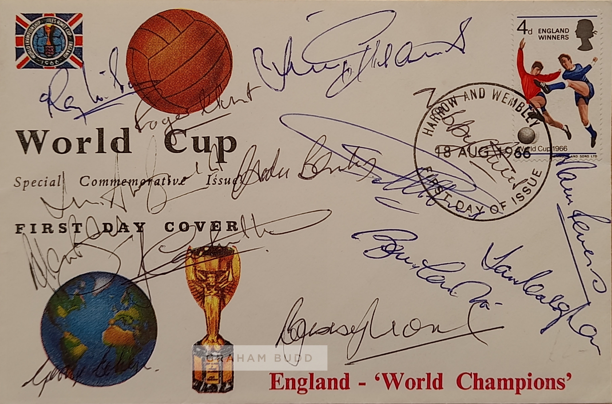 England 1966 World Cup winners signed Rembrandt FDC with the 4d England Winners stamp franked Harrow