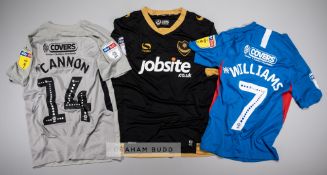 Three signed Portsmouth FC jersey's, comprising Andy Cannon grey and black no.14 away jersey, season