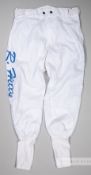 Richard Hills race-worn jockey breeches, with embroidered R. HILLS logo in royal blue, bearing
