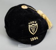 Cornwall Schools' rugby representative cap 1934, black velvet cap with yellow tassel, embroidered