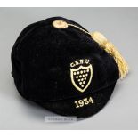 Cornwall Schools' rugby representative cap 1934, black velvet cap with yellow tassel, embroidered